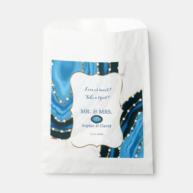 Navy Blue Watercolor Agate Pearls Wedding Favour Bags (Front)