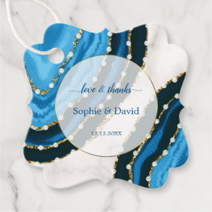 Navy Blue Watercolor Agate Pearls Wedding Favour Tags