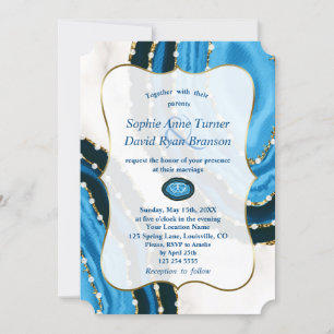 Navy Blue Watercolor Agate Pearls Wedding Invitation