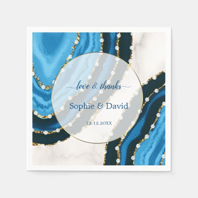 Navy Blue Watercolor Agate Pearls Wedding Napkin (Front)