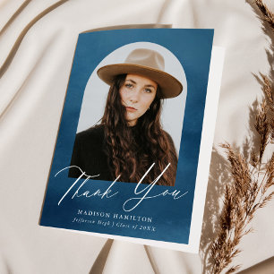 Navy Blue Watercolor Arch Photo Graduation Thank You Card