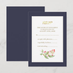 Navy Blue Watercolor Berry Branch RSVP Card