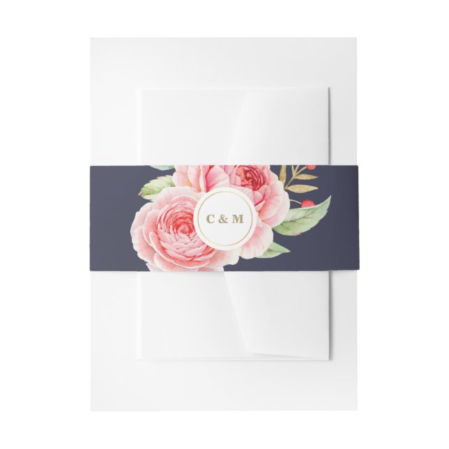 Navy Blue Watercolor Berry Branch Wedding Invitation Belly Band (Front Example)