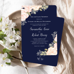 Navy Blue Watercolor Blush Floral Wedding Invitation
