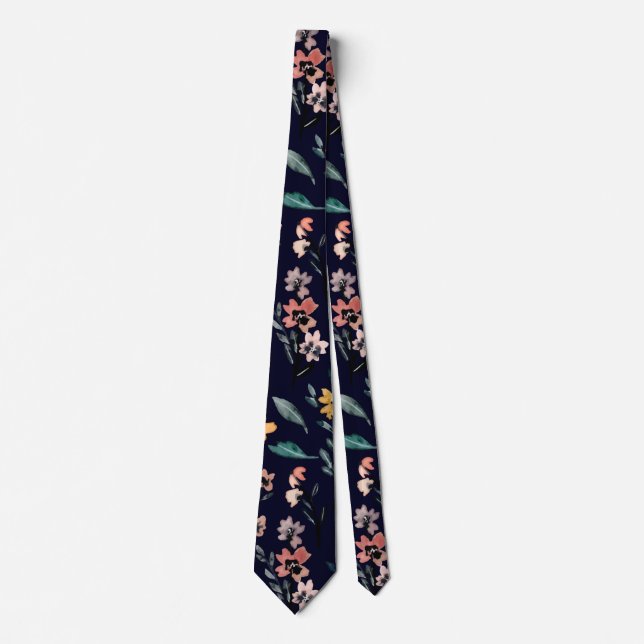 Navy Blue Watercolor Botanical Floral Pattern Tie (Front)