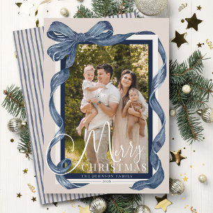 Navy Blue Watercolor Bow Merry Christmas Photo Holiday Card