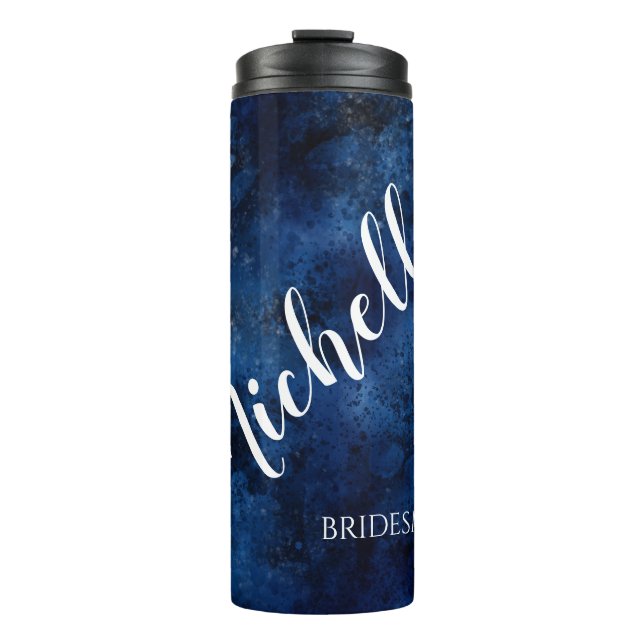 Navy Blue Watercolor Bridesmaid with Name Thermal Tumbler (Front)
