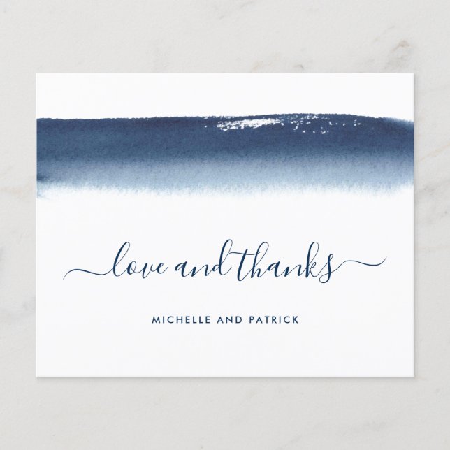 Navy Blue Watercolor Budget Wedding Thank You Card (Front)