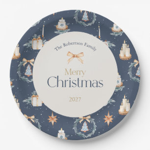 Navy Blue Watercolor Christmas Paper Plate