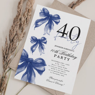 Navy Blue Watercolor Coquette Bow 40th Birthday Invitation