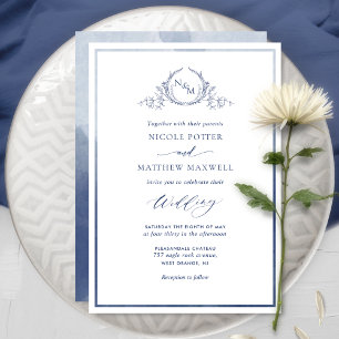 Navy Blue Watercolor Elegant Monogram Wedding Invitation