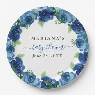 Navy Blue Watercolor Floral Boy Baby Shower Paper Plate