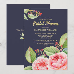 Navy Blue Watercolor Floral Bridal Shower Invitation