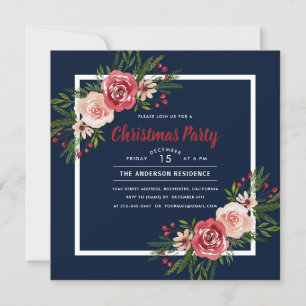 Navy Blue Watercolor Floral Christmas Party Invitation