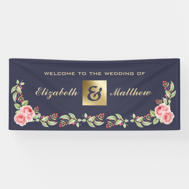 Navy Blue Watercolor Floral Custom Wedding Banner (Horizontal)