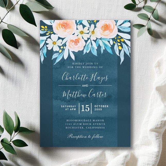 Navy Blue Watercolor Floral Modern Wedding Invitation (Creator Uploaded)