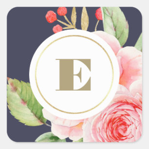 Navy Blue Watercolor Floral Monogram Wedding Square Sticker