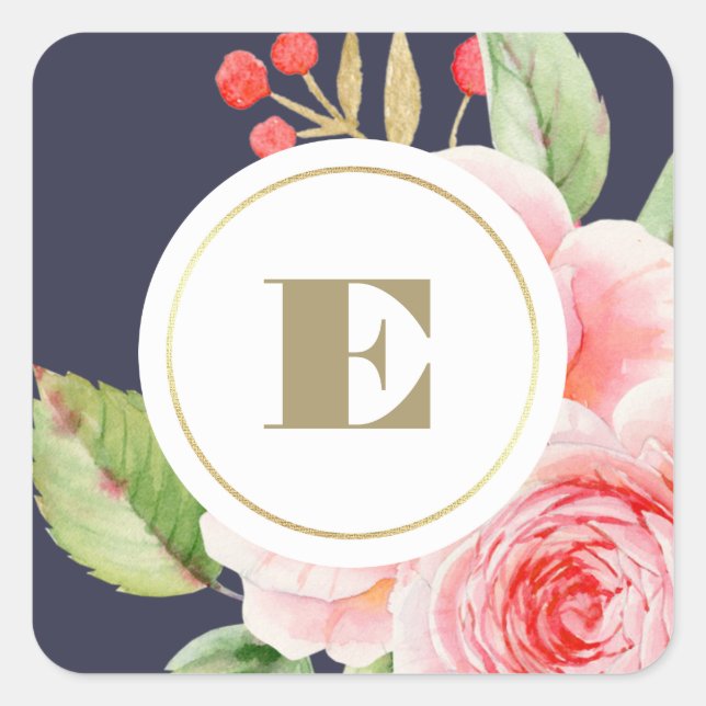 Navy Blue Watercolor Floral Monogram Wedding Square Sticker (Front)