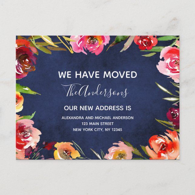 Navy Blue Watercolor Floral Moving Announcement Postcard (Front)