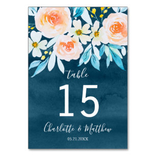 Navy Blue Watercolor Floral Personalised Wedding Table Number