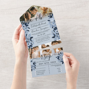 Navy Blue Watercolor Floral Photo Wedding RSVP All In One Invitation
