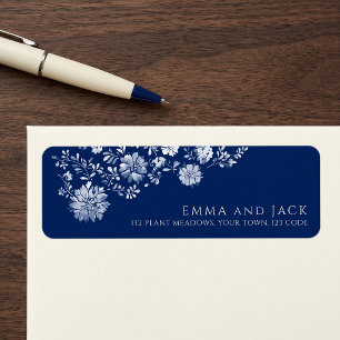 Navy Blue Watercolor Floral Return Address Label