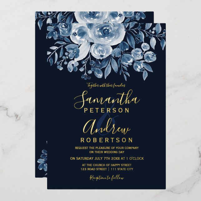 Navy blue watercolor floral script photo wedding (Front/Back)