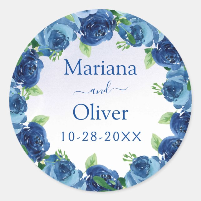 Navy Blue Watercolor Floral Wedding Classic Round  Sticker (Front)