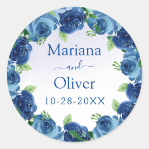 Navy Blue Watercolor Floral Wedding Classic Round  Sticker