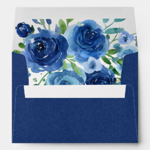 Navy Blue Watercolor Floral Wedding Envelope