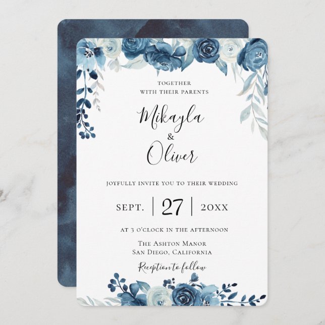 Navy Blue Watercolor Floral Wedding Invitation (Front/Back)