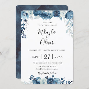Navy Blue Watercolor Floral Wedding Invitation