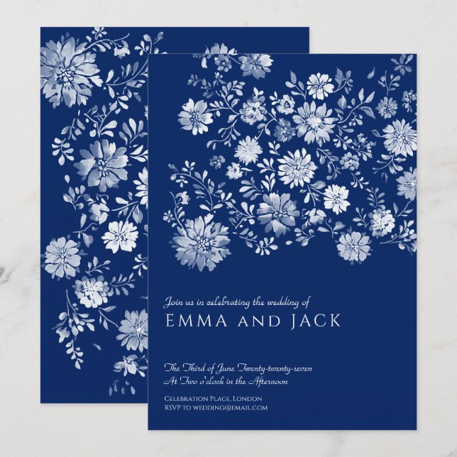 Navy Blue Watercolor Floral Wedding Invitation (Front/Back)