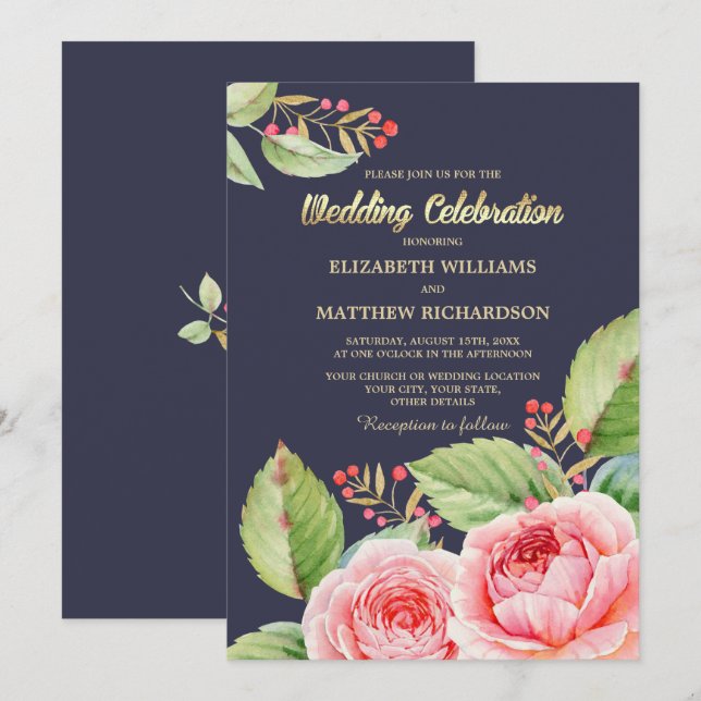 Navy Blue Watercolor Floral Wedding Invitation (Front/Back)