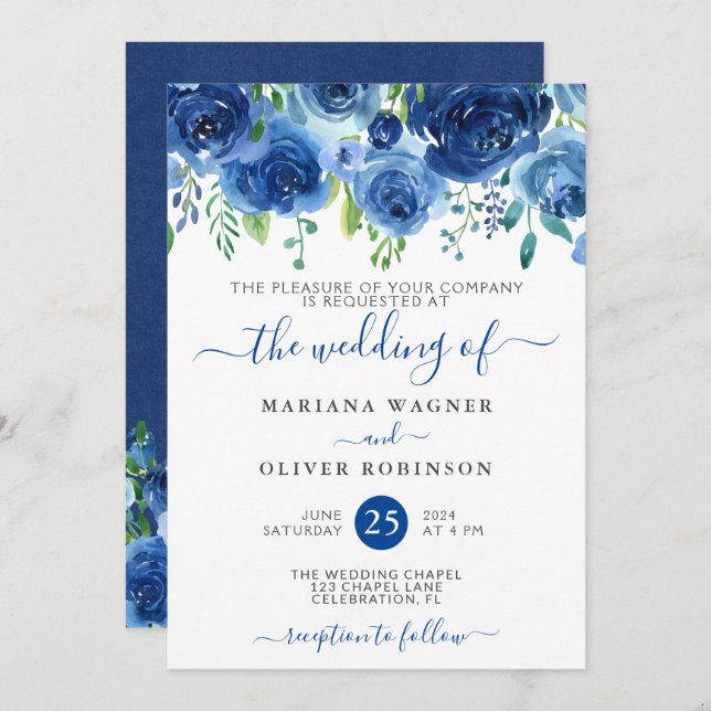 Navy Blue Watercolor Floral Wedding Invitation (Front/Back)