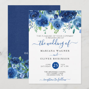 Navy Blue Watercolor Floral Wedding Invitation