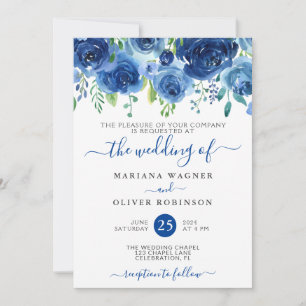 Navy Blue Watercolor Floral Wedding Invitation