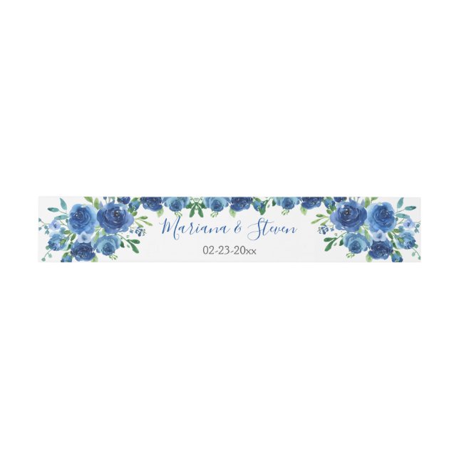 Navy Blue Watercolor Floral Wedding Invitation Belly Band (Flat)