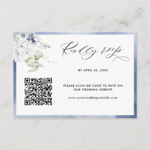 Navy Blue Watercolor, Floral Wedding QR Code RSVP Enclosure Card