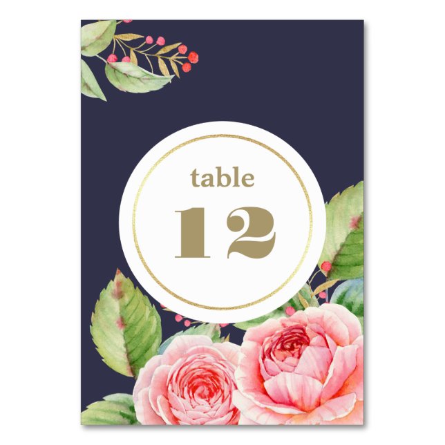 Navy Blue Watercolor Floral Wedding Table Number (Front)