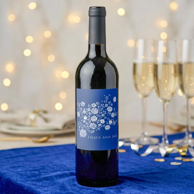 Navy Blue Watercolor Floral Wine Label (Navy Blue Watercolor Floral Wine Label)