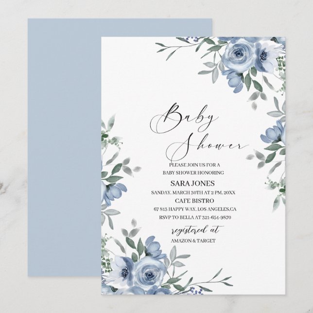 Navy blue watercolor flowers and leaves Bridal Sho Invitation (Front/Back)