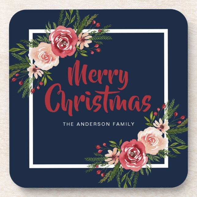 Navy Blue Watercolor Flowers Christmas Coaster (Front)