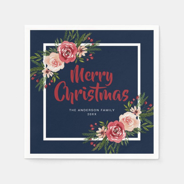 Navy Blue Watercolor Flowers Christmas Napkin (Front)