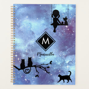Navy Blue Watercolor Galaxy Girl Customisable Planner