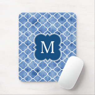 Navy Blue Watercolor Geometric Pattern Monogram Mouse Pad