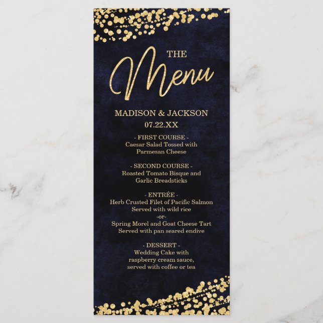 Navy Blue Watercolor & Gold Confetti Wedding Menu (Front)