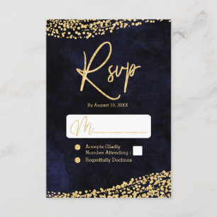 Navy Blue Watercolor & Gold Confetti Wedding RSVP