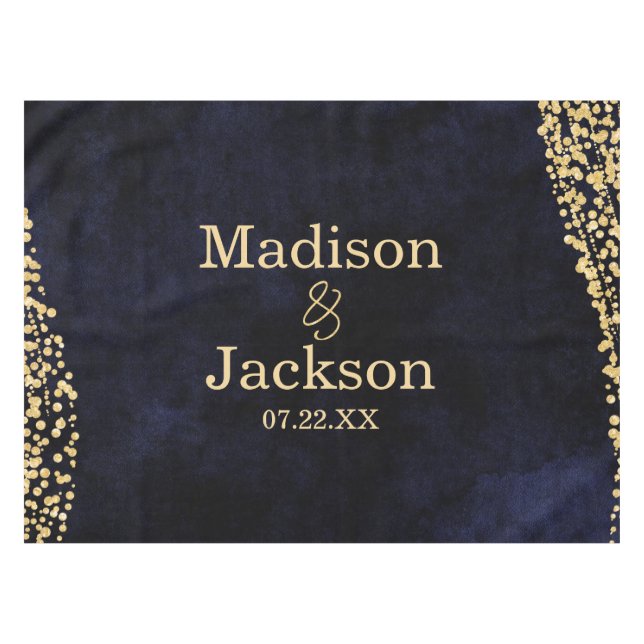 Navy Blue Watercolor & Gold Glam Wedding Monogram Tablecloth (Front (Horizontal))