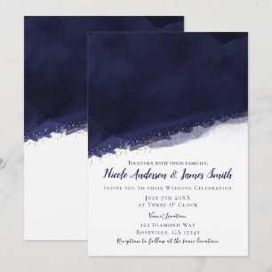 Navy Blue Watercolor & Gold Modern Chic Wedding Invitation